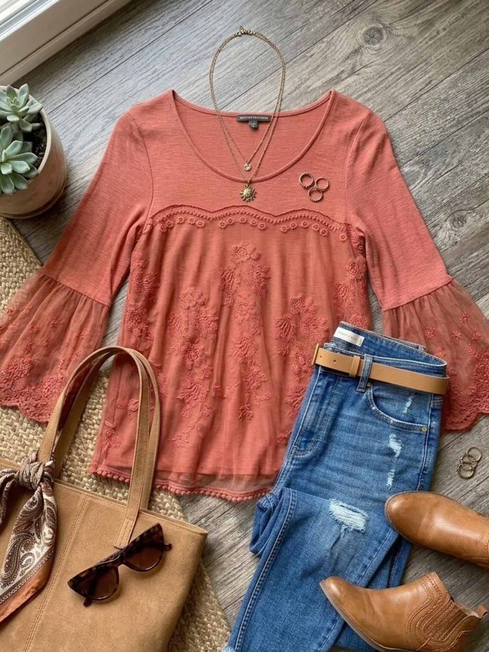 Signature Studio Boho Lace Layered Bell Sleeve Blouse Rust Size M